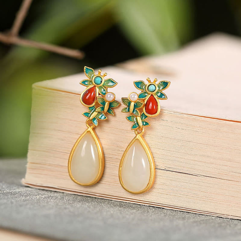 White Jade Butterfly Protection Drop Earrings 3.2cm