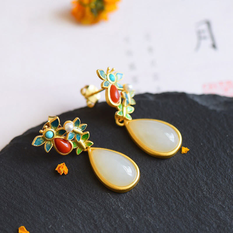 White Jade Butterfly Protection Drop Earrings 3.2cm
