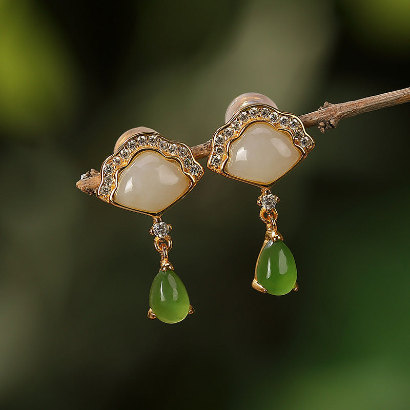 White Jade Cyan Jade Luck Drop Earrings 20mm Length