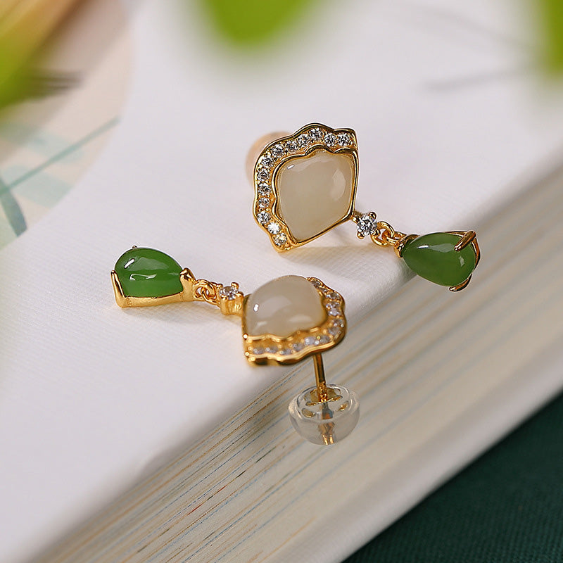 White Jade Cyan Jade Luck Drop Earrings 20mm Length