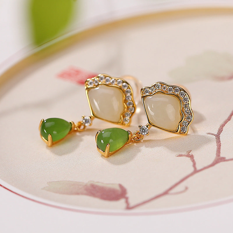 White Jade Cyan Jade Luck Drop Earrings 20mm Length