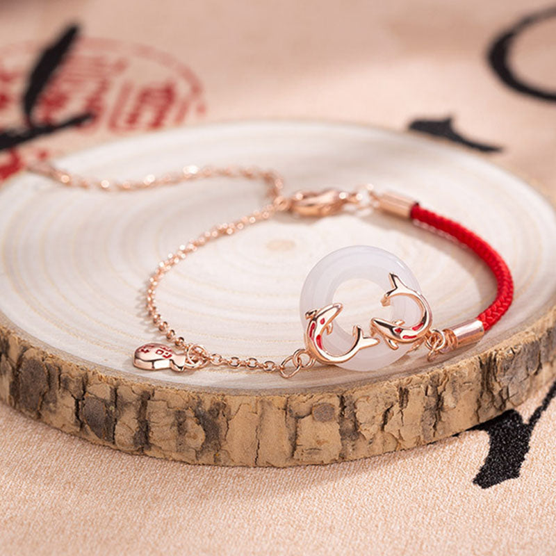 White Jade Double Koi Fish Peace Buckle Luck Bracelet