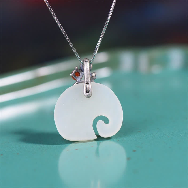 White Jade Elephant Lotus Protection Necklace 45cm