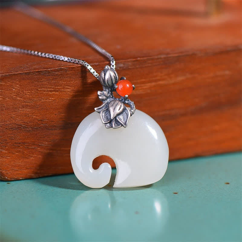 White Jade Elephant Lotus Protection Necklace 45cm