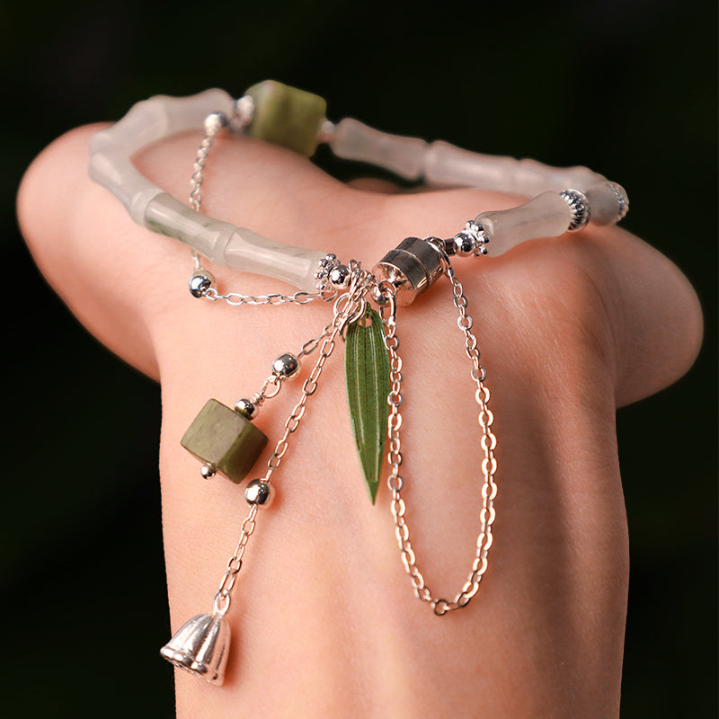 White Jade Happiness Bracelet with Bamboo Leaf Lantern Charm