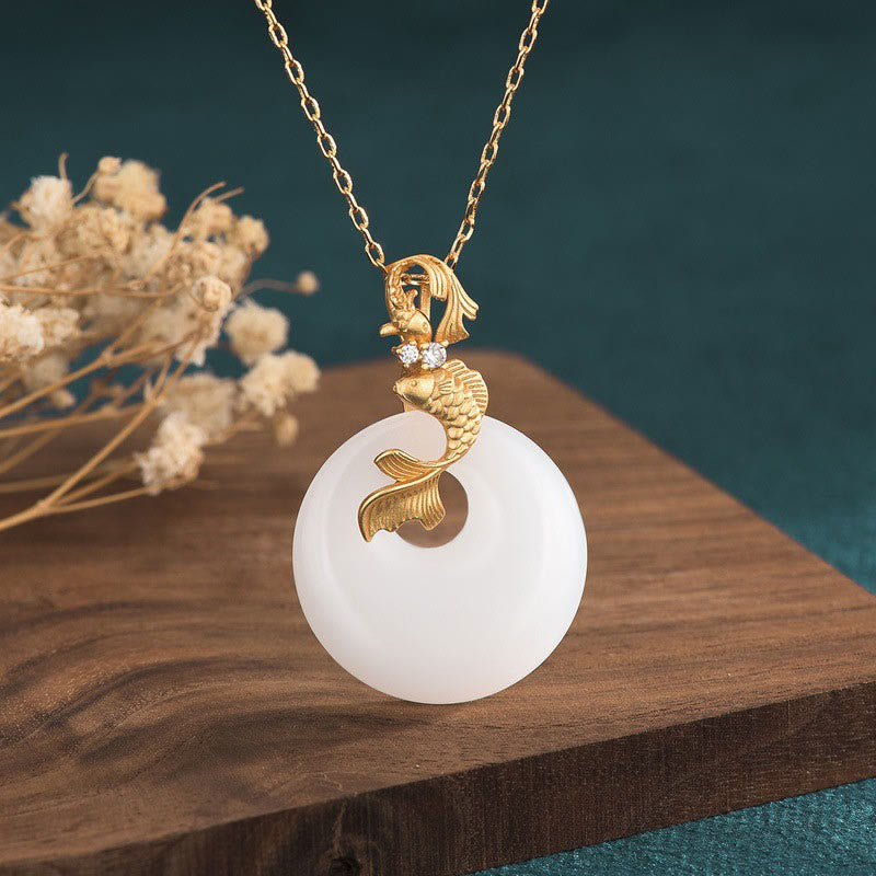 White Jade Koi Fish Necklace for Wealth & Prosperity