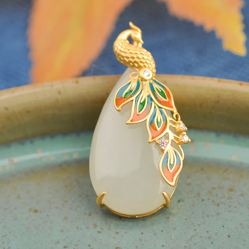 White Jade Peacock Protection Necklace for Wisdom and Luck