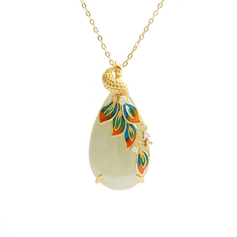 White Jade Peacock Protection Necklace for Wisdom and Luck