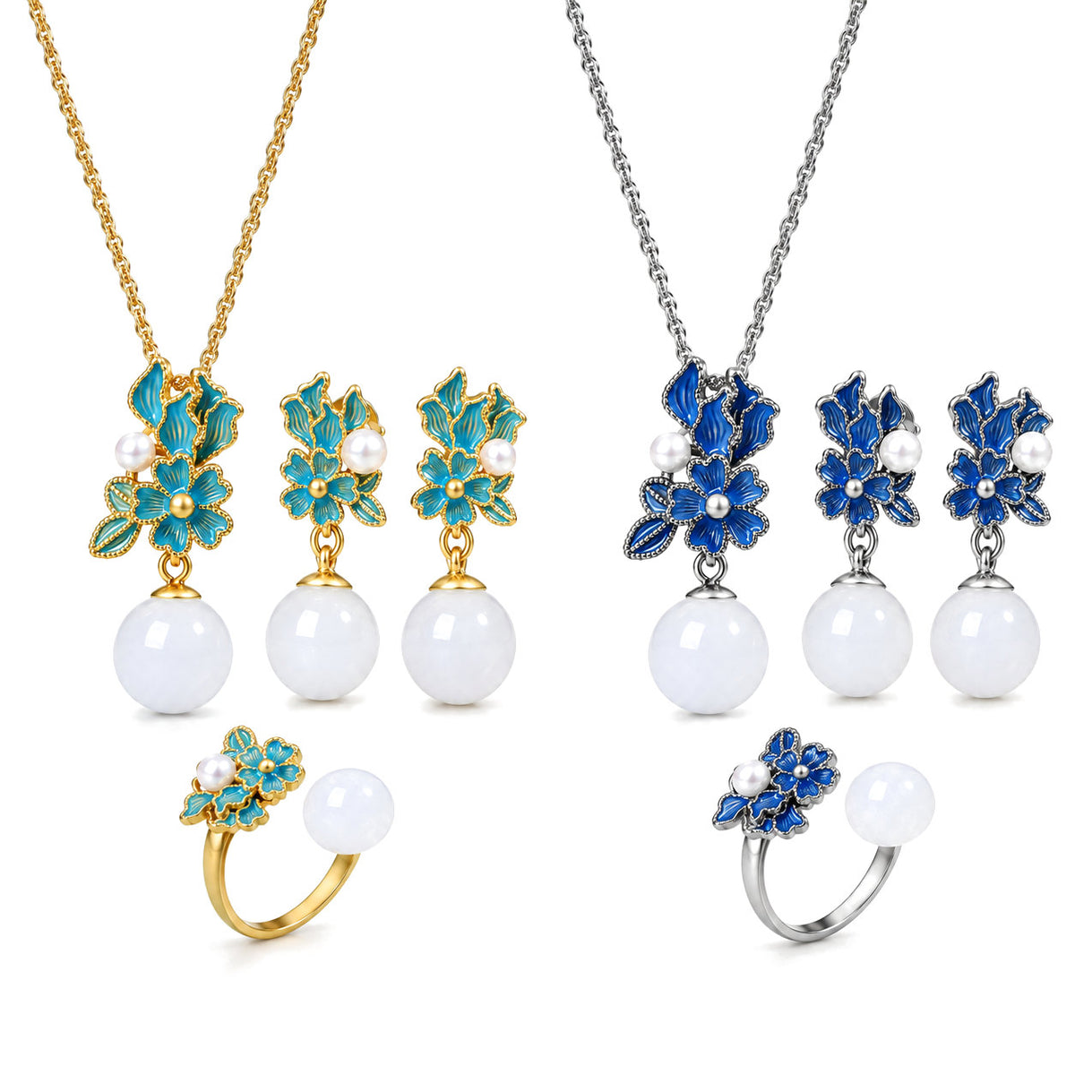 White Jade Silver Pearl Blessing Necklace Ring Earrings, every variant on a white background