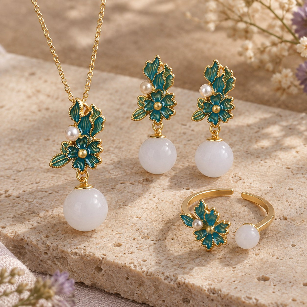 White Jade Silver Pearl Blessing Necklace Ring Earrings, close-up of the material and finish