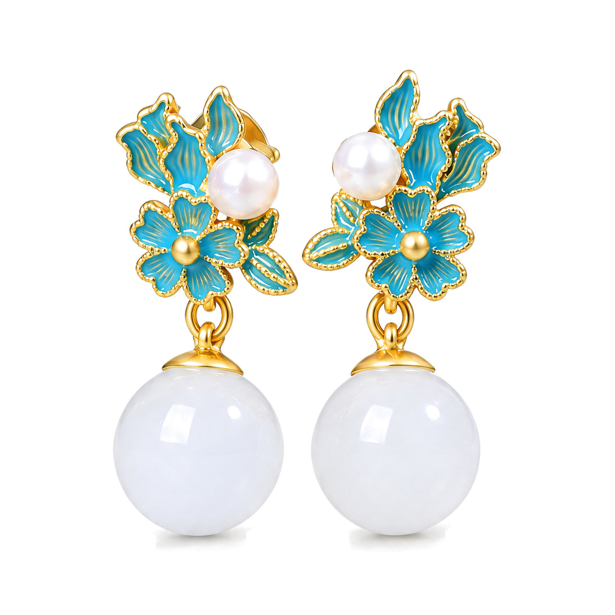 White Jade Silver Pearl Blessing Necklace Ring Earrings, Gold / Earrings, on a white background