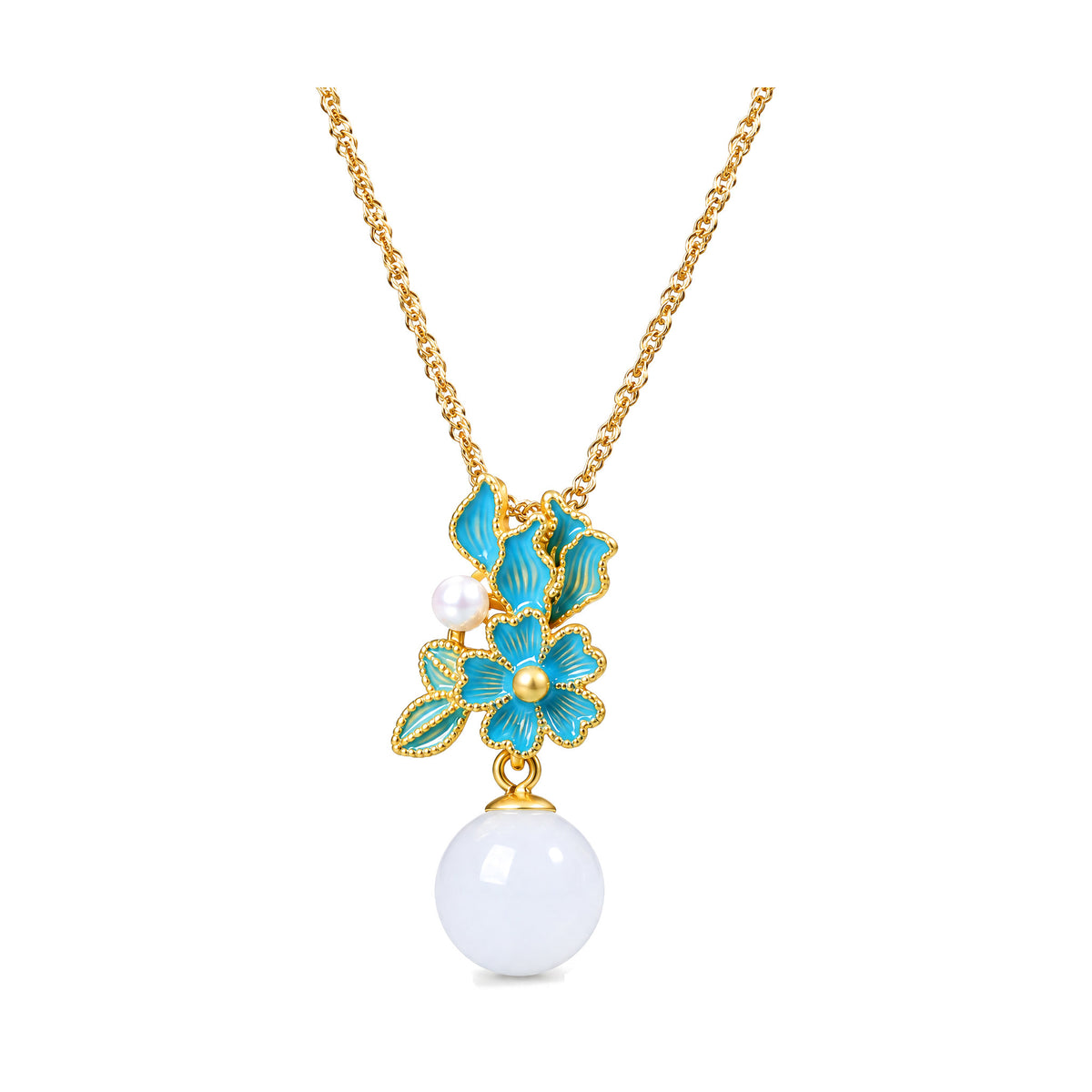 White Jade Silver Pearl Blessing Necklace Ring Earrings, Gold / Necklace, on a white background