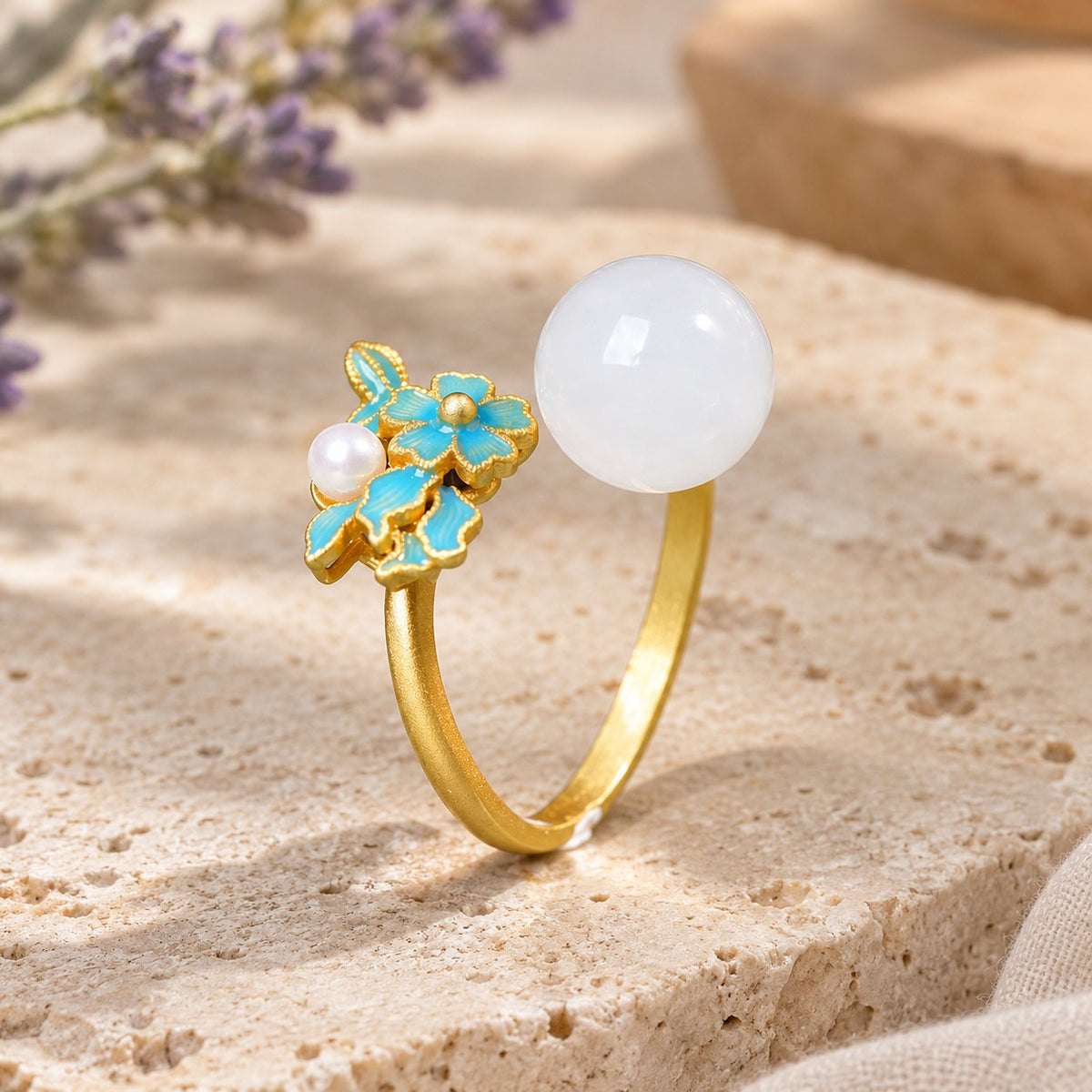 White Jade Silver Pearl Blessing Necklace Ring Earrings, gold ring standing