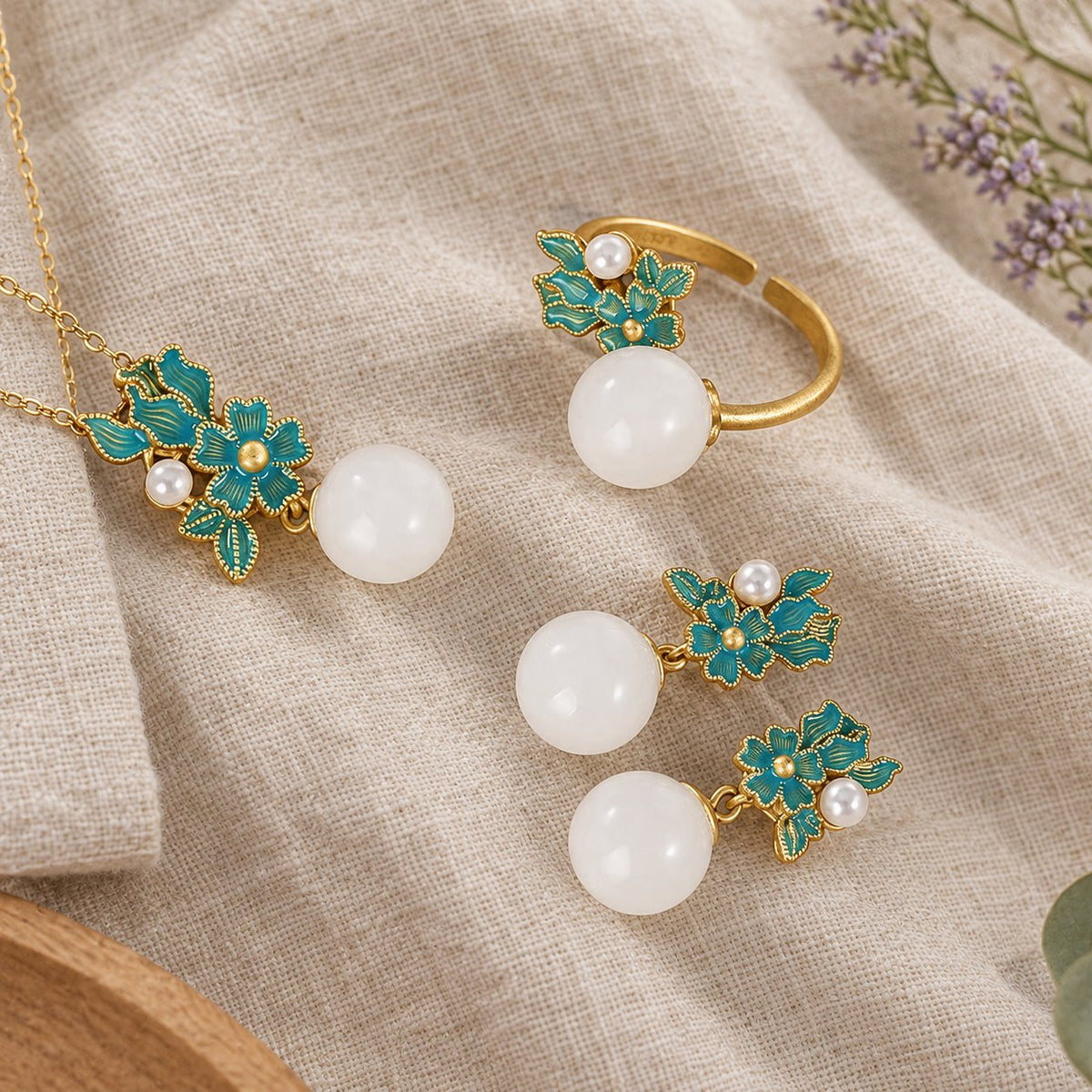 White Jade Silver Pearl Blessing Necklace Ring Earrings, gold set laid