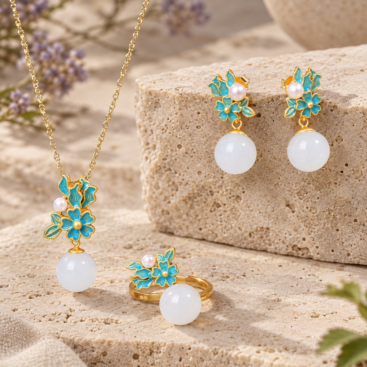 White Jade Silver Pearl Blessing Necklace Ring Earrings, gold set
