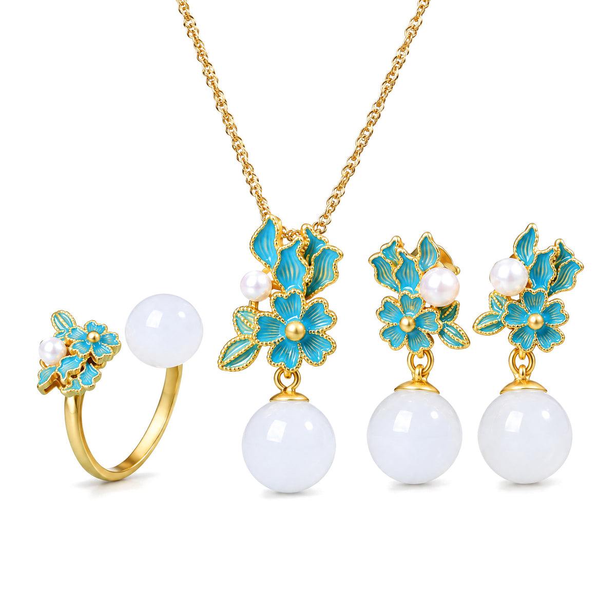 White Jade Silver Pearl Blessing Necklace Ring Earrings, Gold, on a white background