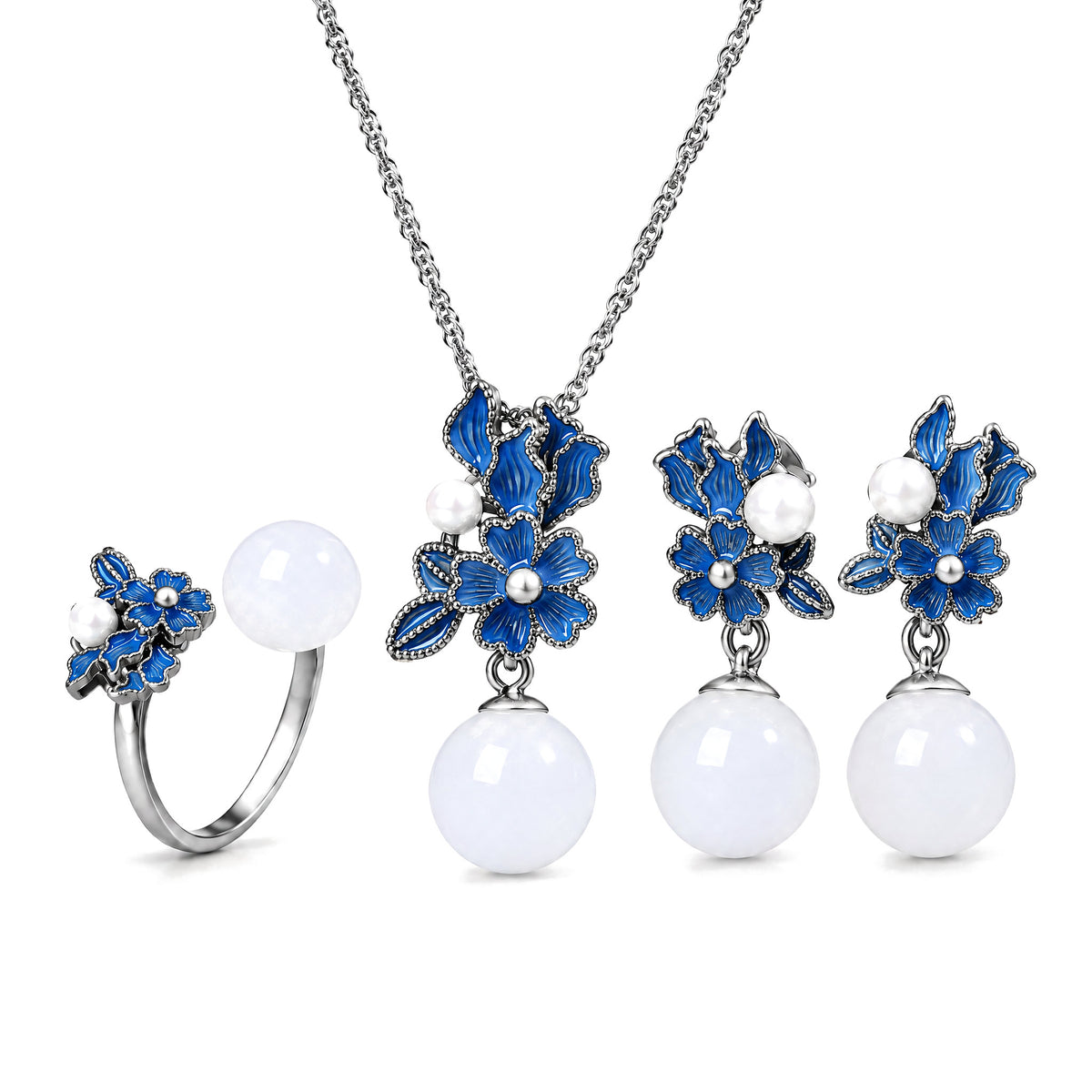White Jade Silver Pearl Blessing Necklace Ring Earrings, Silver, on a white background
