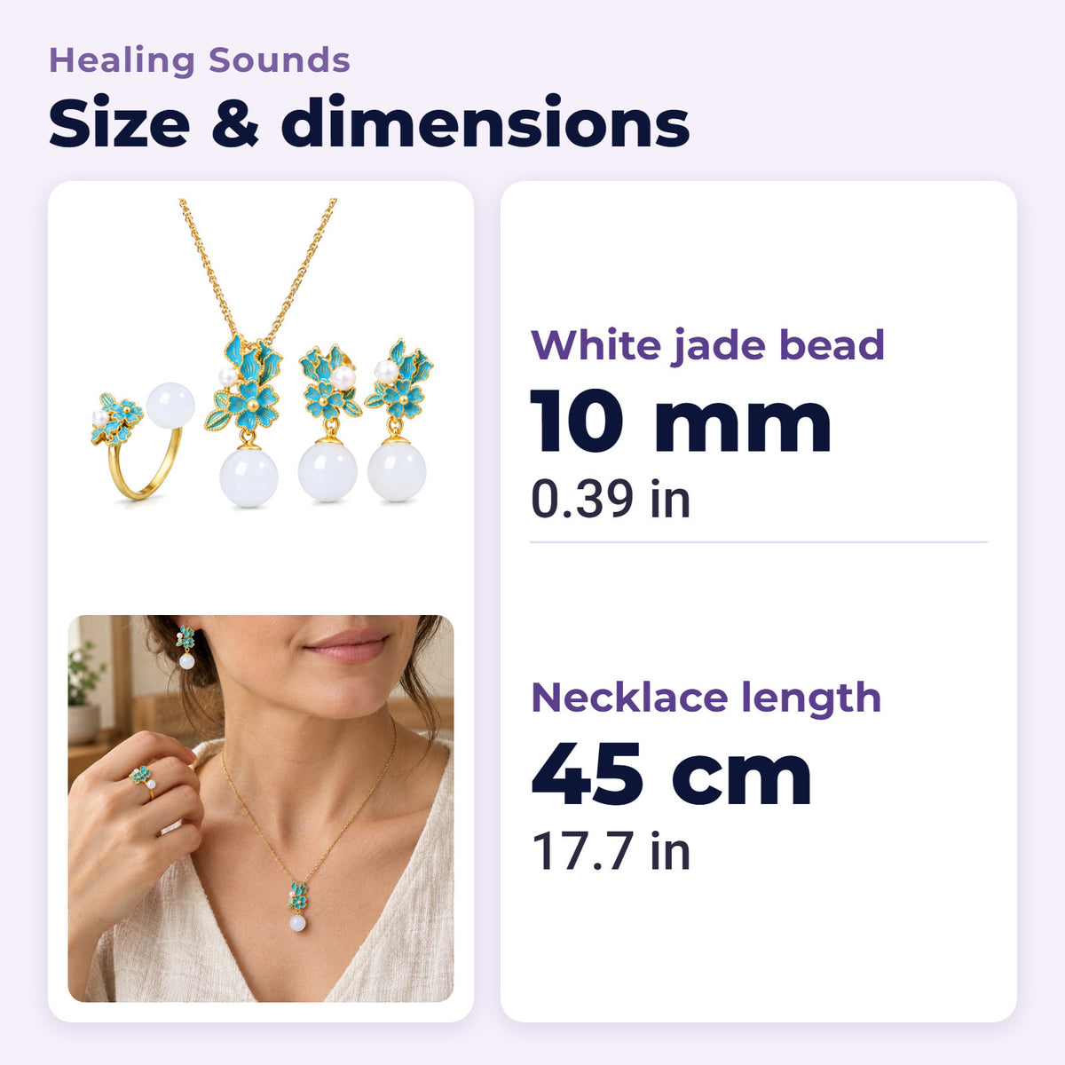 White Jade Silver Pearl Blessing Necklace Ring Earrings, size and dimensions in millimetres and inches