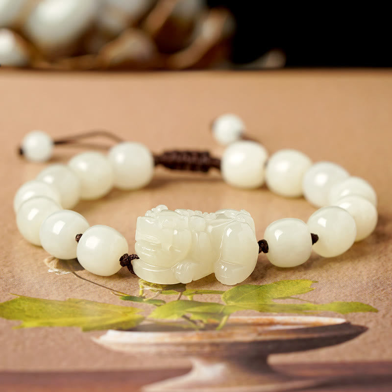 White Jade PiXiu Wealth Bracelet for Meditation & Luck