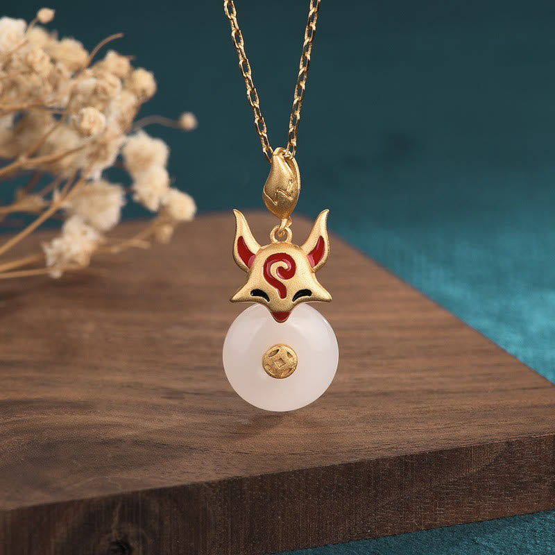 White Jade Protection Necklace with Copper Fox Coin Pendant