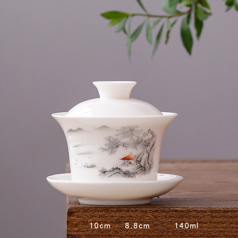 White Porcelain Gaiwan Tea Cup with Lid - Zen Decor