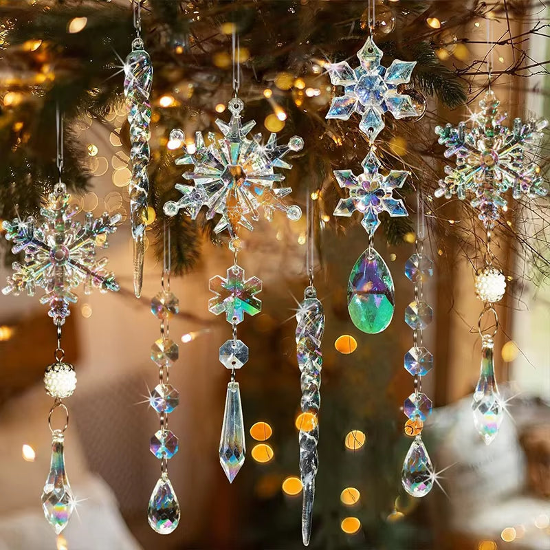 Crystal snowflake ornaments with prisms reflecting light in Winter Snowflake Wind Chimes