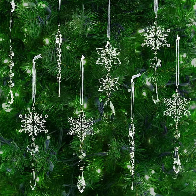 Crystal snowflake ornaments on evergreen branches for Winter Snowflake Wind Chimes