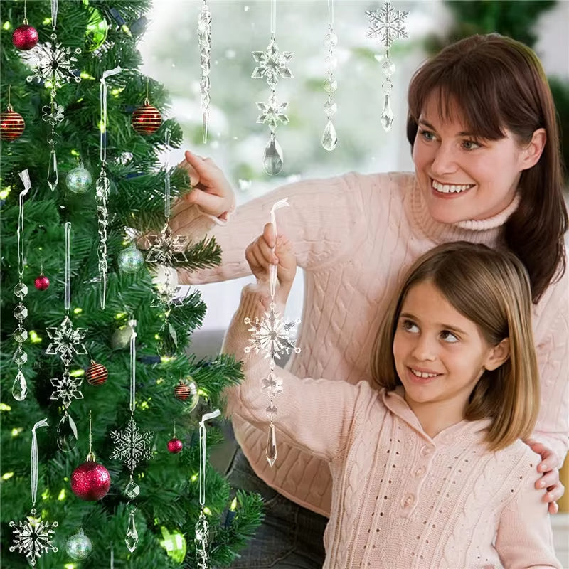Decorated Christmas tree with red ornaments and snowflakes complementing Winter Snowflake Wind Chimes