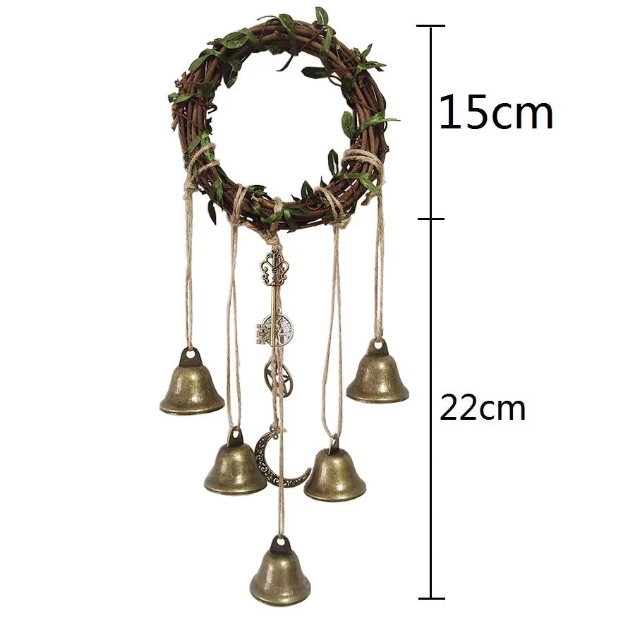 Rustic wreath with brass bells and beads for Witch Bell Wind Chimes decor and protection