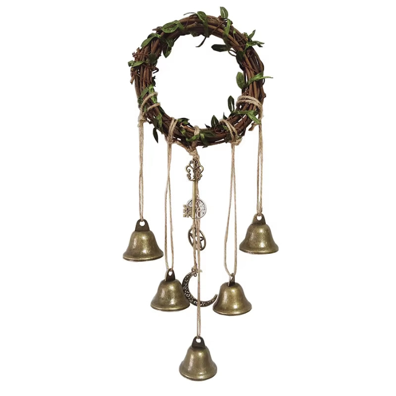 Decorative wreath with brass bells and twine for Witch Bell Wind Chimes decor