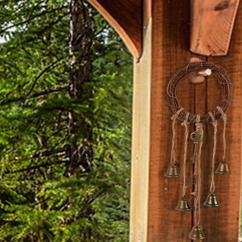 Rustic metal wind chime with bells and keys from Witch Bell Wind Chimes for decor