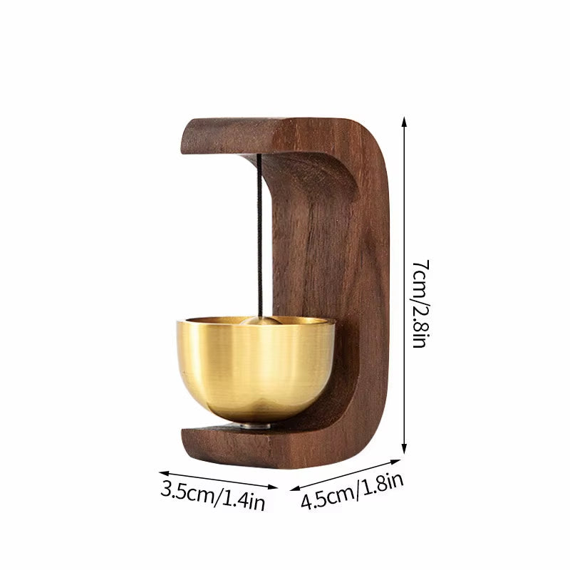 Curved wooden stand with a suspended brass bowl for Wooden Wind Chime Decorative Door Bell