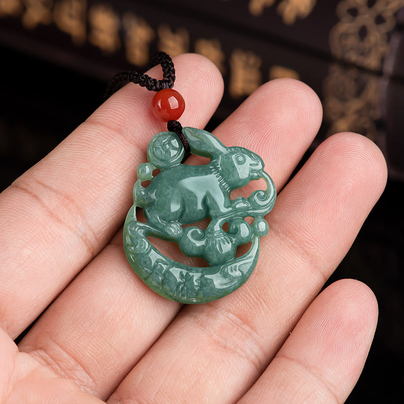 Year of the Rabbit Jade Luck Crescent Moon Necklace