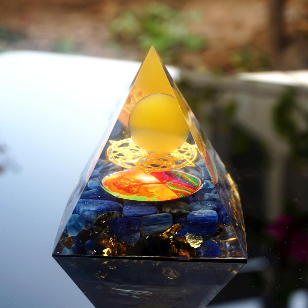Yellow Agate Sphere and Kyanite Orgone Pyramid