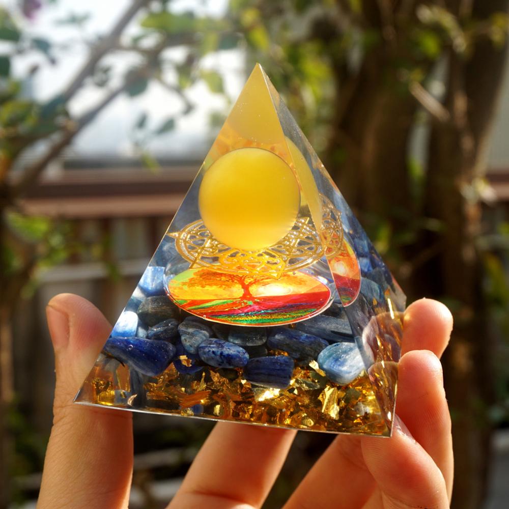 Yellow Agate Sphere and Kyanite Orgone Pyramid