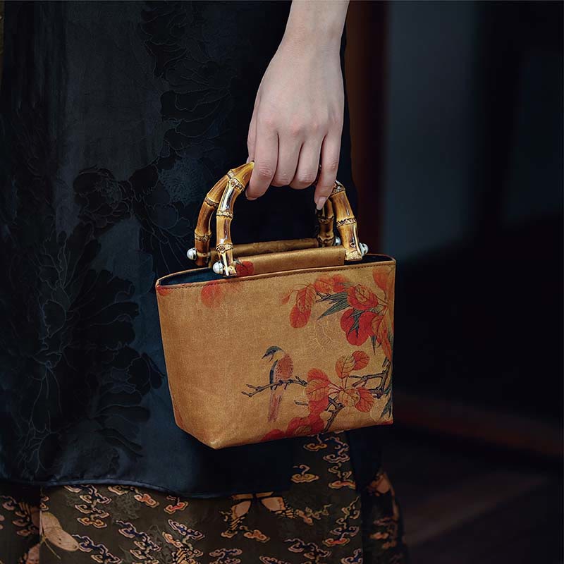 Yellow Bird Green Peony Bamboo Handle Handbag | Spiritual Accessory