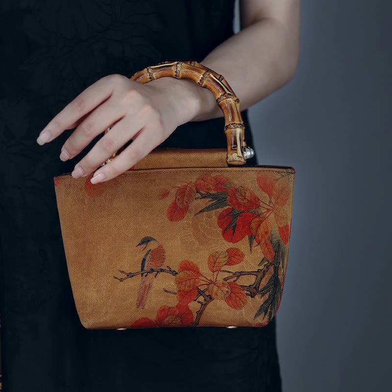 Yellow Bird Green Peony Bamboo Handle Handbag | Spiritual Accessory
