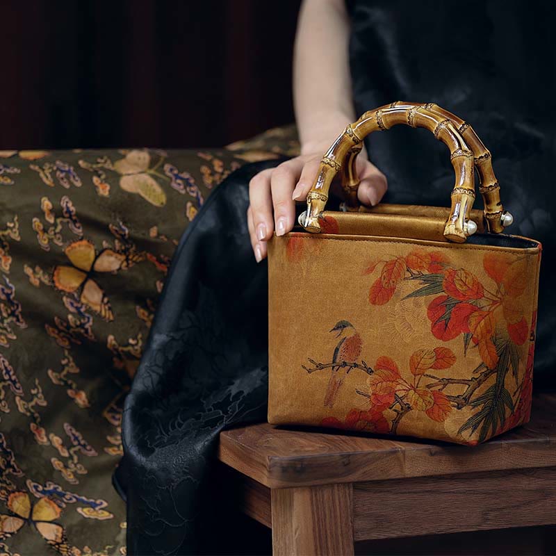 Yellow Bird Green Peony Bamboo Handle Handbag | Spiritual Accessory