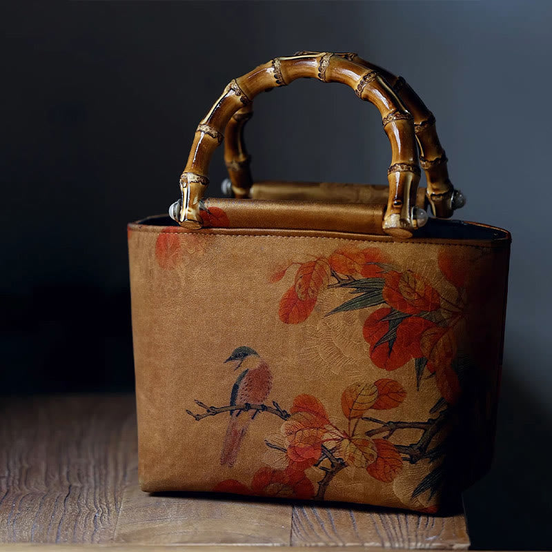Yellow Bird Green Peony Bamboo Handle Handbag | Spiritual Accessory