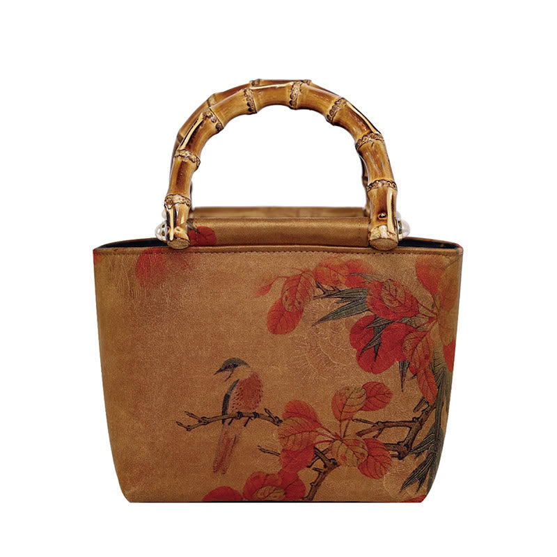 Yellow Bird Green Peony Bamboo Handle Handbag | Spiritual Accessory
