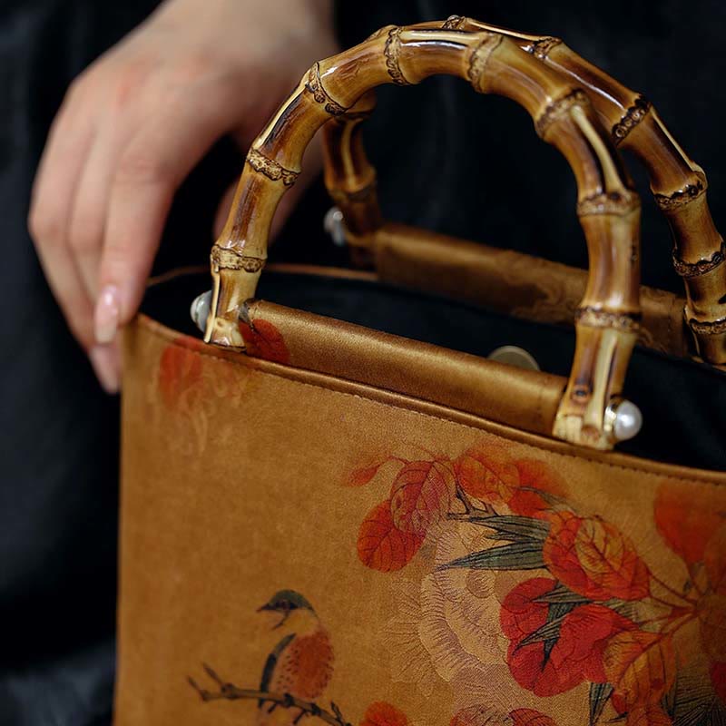Yellow Bird Green Peony Bamboo Handle Handbag | Spiritual Accessory