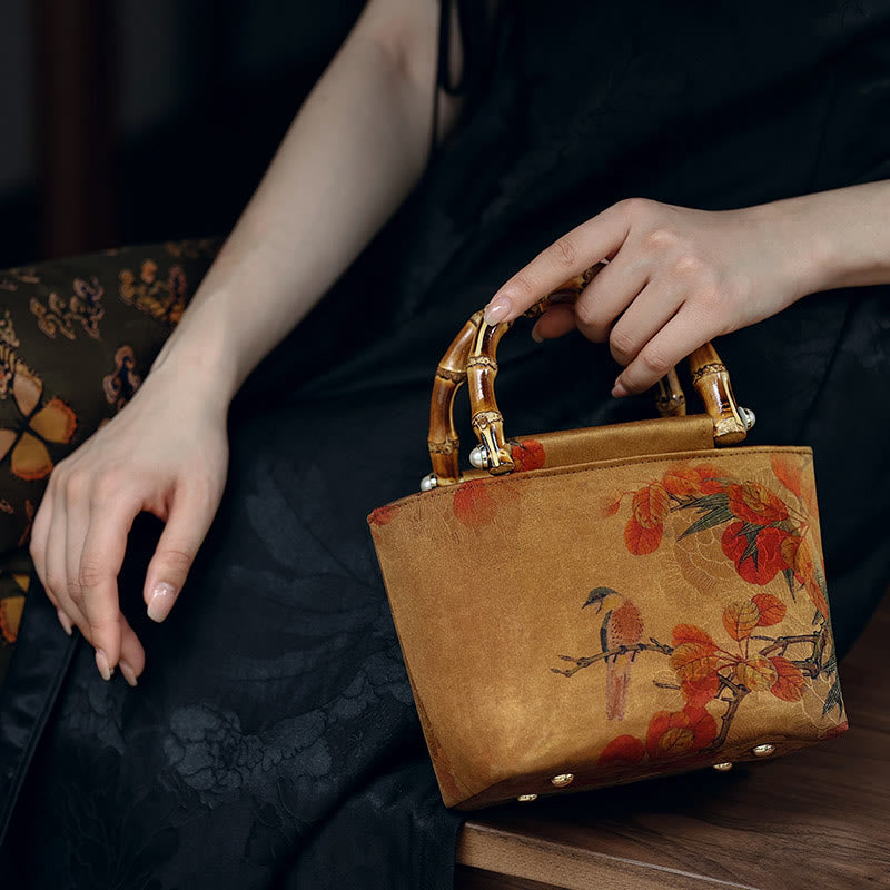 Yellow Bird Green Peony Bamboo Handle Handbag | Spiritual Accessory