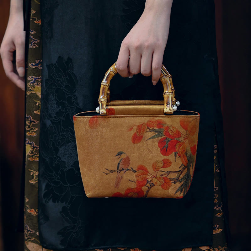 Yellow Bird Green Peony Bamboo Handle Handbag | Spiritual Accessory