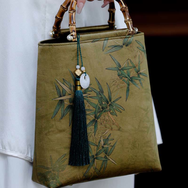Yellow Green Bamboo Leaves Handbag with Bamboo Handles | Spiritual Accessory