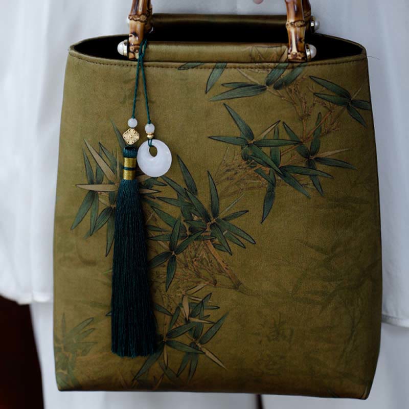 Yellow Green Bamboo Leaves Handbag with Bamboo Handles | Spiritual Accessory