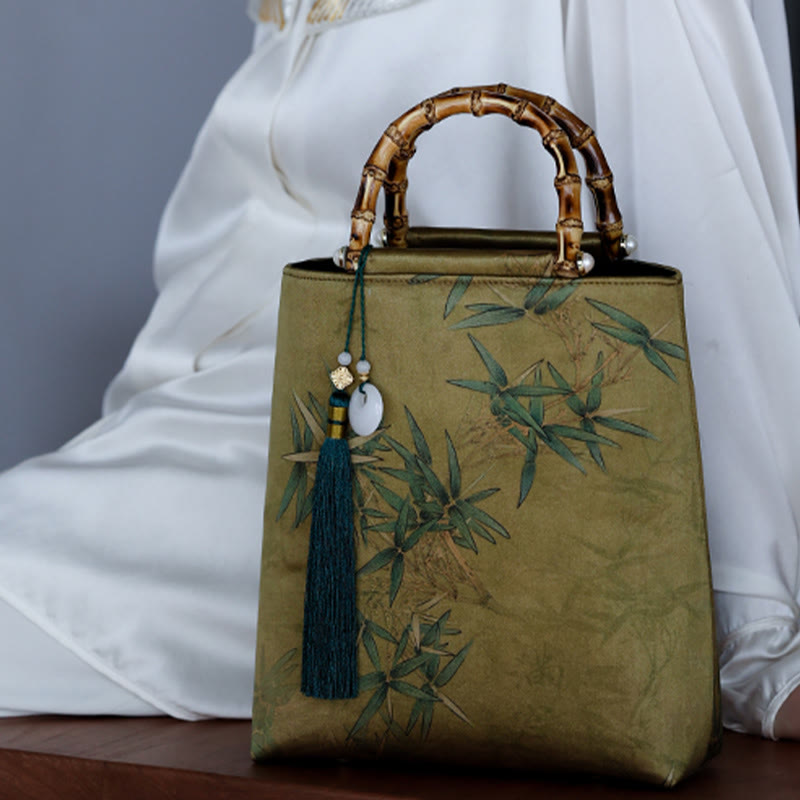 Yellow Green Bamboo Leaves Handbag with Bamboo Handles | Spiritual Accessory