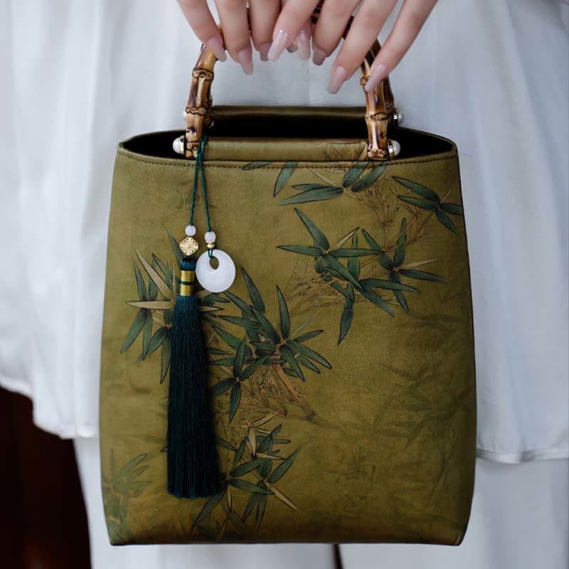 Yellow Green Bamboo Leaves Handbag with Bamboo Handles | Spiritual Accessory