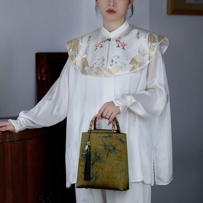 Yellow Green Bamboo Leaves Handbag with Bamboo Handles | Spiritual Accessory