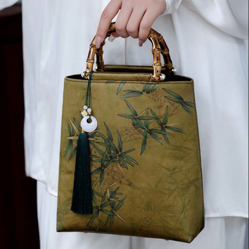 Yellow Green Bamboo Leaves Handbag with Bamboo Handles | Spiritual Accessory