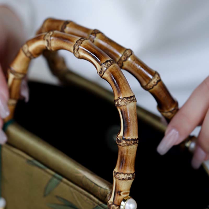 Yellow Green Bamboo Leaves Handbag with Bamboo Handles | Spiritual Accessory